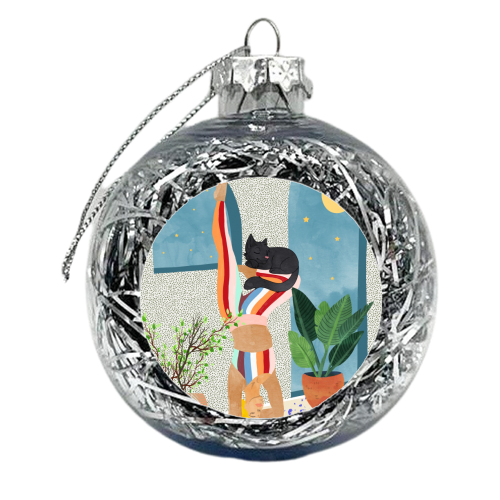 Headstand, Cat Yoga, Active Woman Workout, Eclectic Colorful Pets Terrazzo - xmas bauble by Uma Prabhakar Gokhale