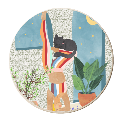Headstand, Cat Yoga, Active Woman Workout, Eclectic Colorful Pets Terrazzo - personalised beer coaster by Uma Prabhakar Gokhale