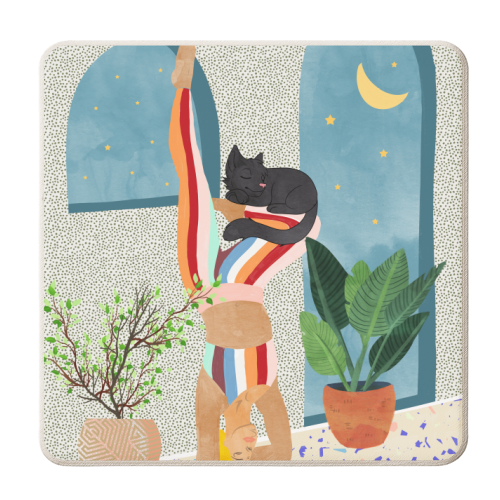 Headstand, Cat Yoga, Active Woman Workout, Eclectic Colorful Pets Terrazzo - personalised beer coaster by Uma Prabhakar Gokhale