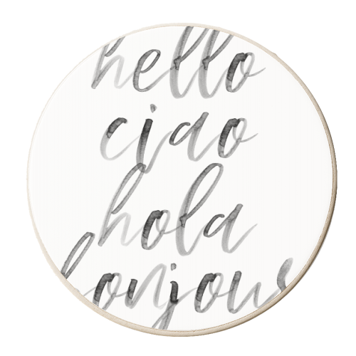 Hello Ciao Hola Bonjour Watercolor Script - personalised beer coaster by Toni Scott