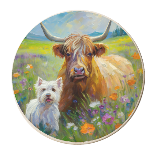 Highland Cow and Highland Terrier - personalised beer coaster by AP
