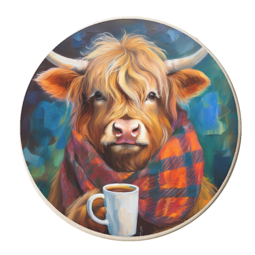 Highland Cow having a coffee - personalised beer coaster by AP