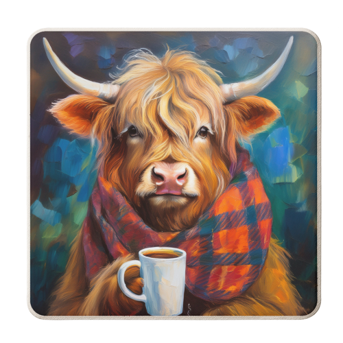 Highland Cow having a coffee - personalised beer coaster by AP