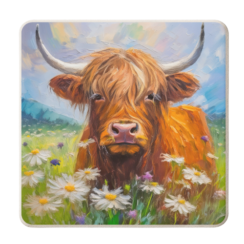 Highland Cow in a field of daisies. - personalised beer coaster by AP