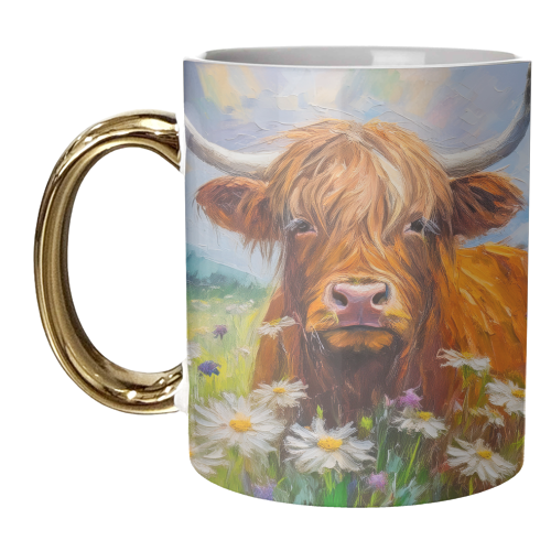 Highland Cow in a field of daisies. - unique mug by AP