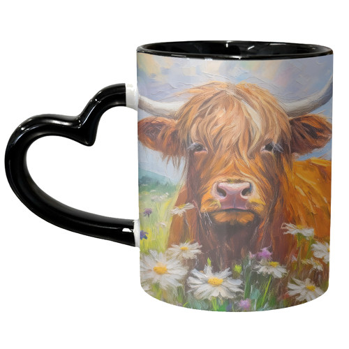 Highland Cow in a field of daisies. - unique mug by AP