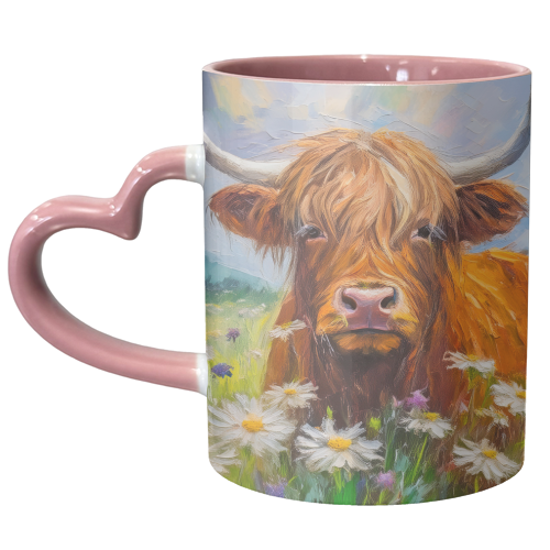 Highland Cow in a field of daisies. - unique mug by AP