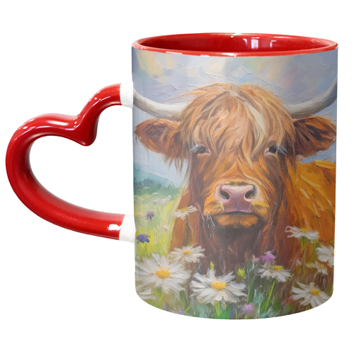 Highland Cow in a field of daisies. - unique mug by AP
