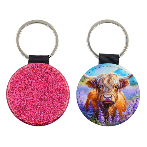 Highland Cow in a field of lavender - keyring by AP