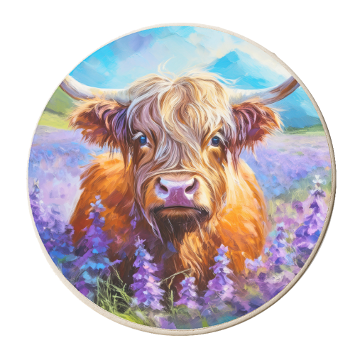 Highland Cow in a field of lavender - personalised beer coaster by AP
