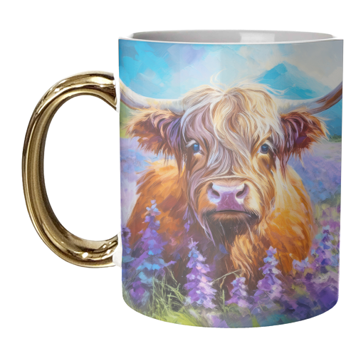 Highland Cow in a field of lavender - unique mug by AP