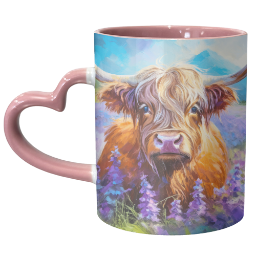 Highland Cow in a field of lavender - unique mug by AP