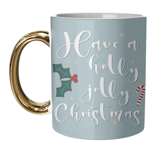 Holly jolly Christmas print in blue - unique mug by The Girl Next Draw