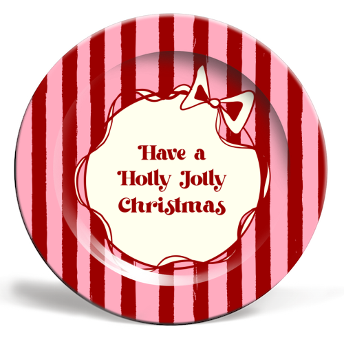 Holly Jolly Christmas Red Stripes Retro - ceramic dinner plate by EZbie