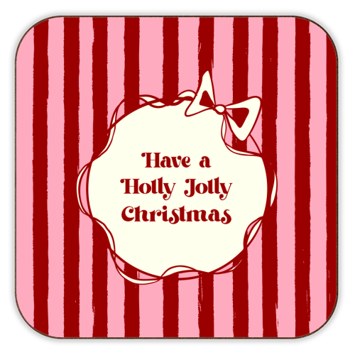 Holly Jolly Christmas Red Stripes Retro - personalised beer coaster by EZbie