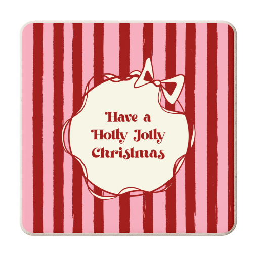 Holly Jolly Christmas Red Stripes Retro - personalised beer coaster by EZbie
