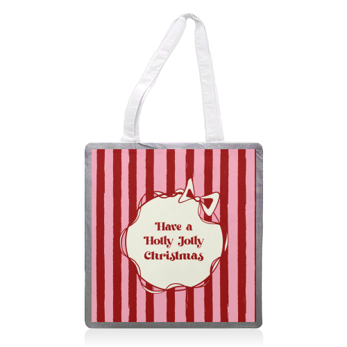 Holly Jolly Christmas Red Stripes Retro - printed canvas tote bag by EZbie