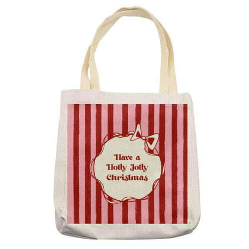 Holly Jolly Christmas Red Stripes Retro - printed canvas tote bag by EZbie