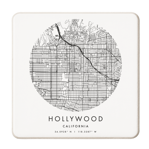 Hollywood California Minimal Modern Circle Street Map - personalised beer coaster by Toni Scott