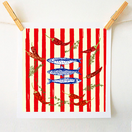 Hot Chili Sardines with Vintage Stripes - A1 - A4 art print by EZbie