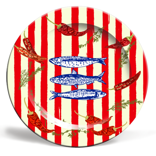 Hot Chili Sardines with Vintage Stripes - ceramic dinner plate by EZbie