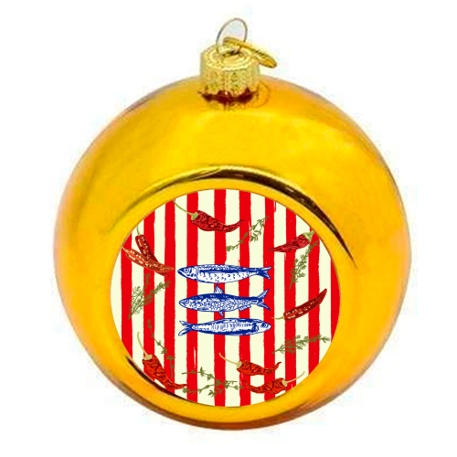 Hot Chili Sardines with Vintage Stripes - colourful christmas bauble by EZbie