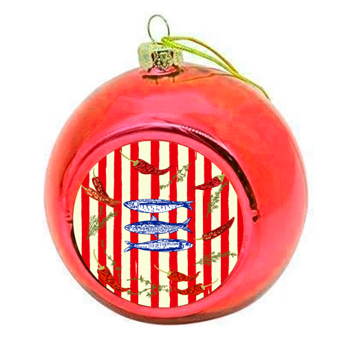 Hot Chili Sardines with Vintage Stripes - colourful christmas bauble by EZbie