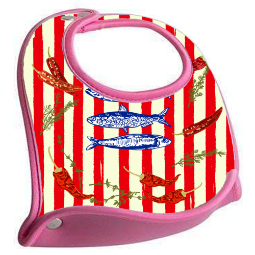Hot Chili Sardines with Vintage Stripes - feeding bib by EZbie