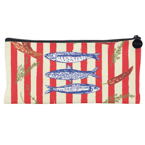 Hot Chili Sardines with Vintage Stripes - flat pencil case by EZbie