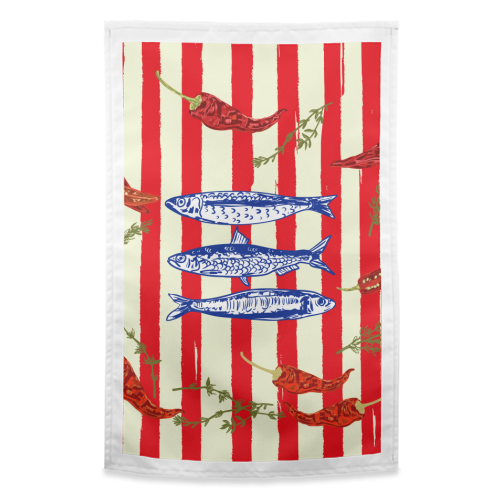 Hot Chili Sardines with Vintage Stripes - funny tea towel by EZbie