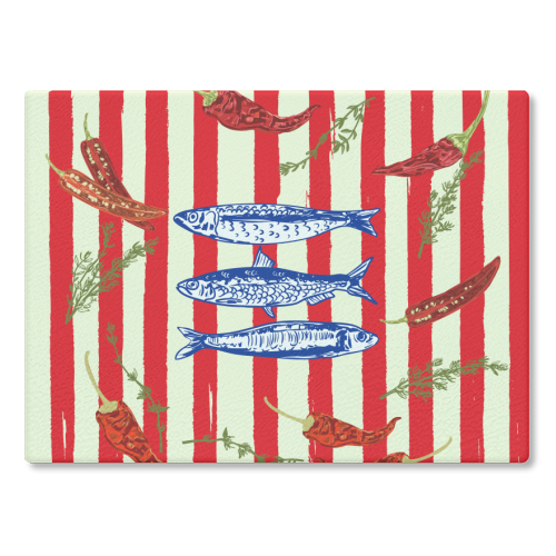 Hot Chili Sardines with Vintage Stripes - glass chopping board by EZbie