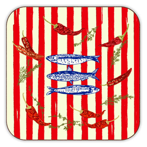 Hot Chili Sardines with Vintage Stripes - personalised beer coaster by EZbie