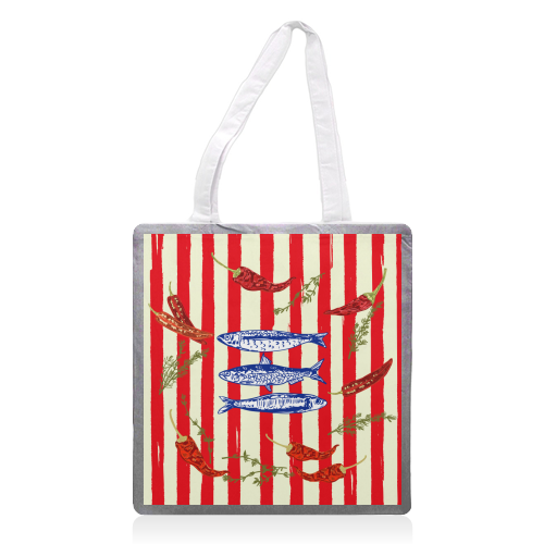 Hot Chili Sardines with Vintage Stripes - printed canvas tote bag by EZbie