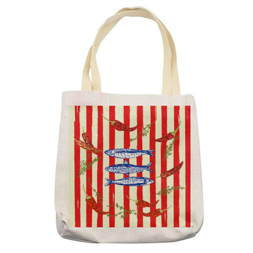 Hot Chili Sardines with Vintage Stripes - printed canvas tote bag by EZbie