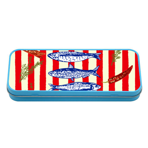 Hot Chili Sardines with Vintage Stripes - tin pencil case by EZbie