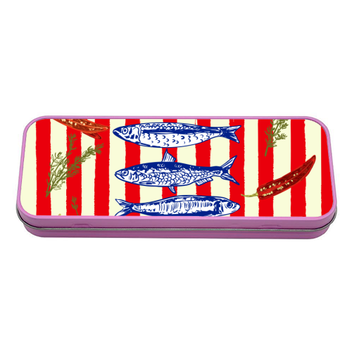 Hot Chili Sardines with Vintage Stripes - tin pencil case by EZbie