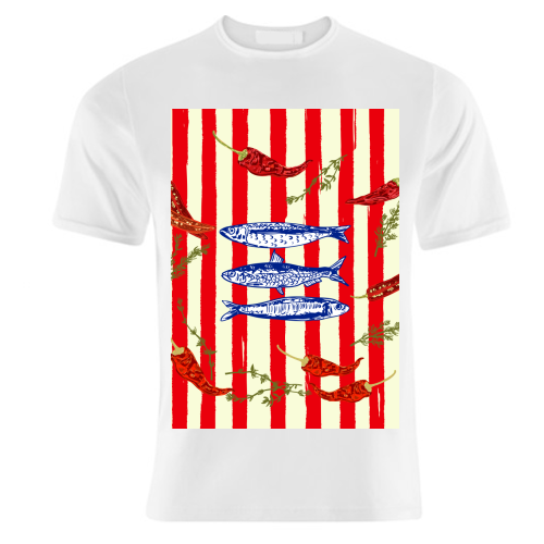 Hot Chili Sardines with Vintage Stripes - unique t shirt by EZbie