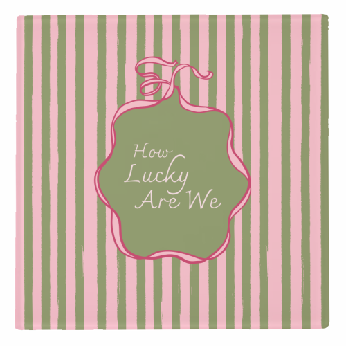 How Lucky Are We Pink Coquette Stripe - personalised beer coaster by EZbie