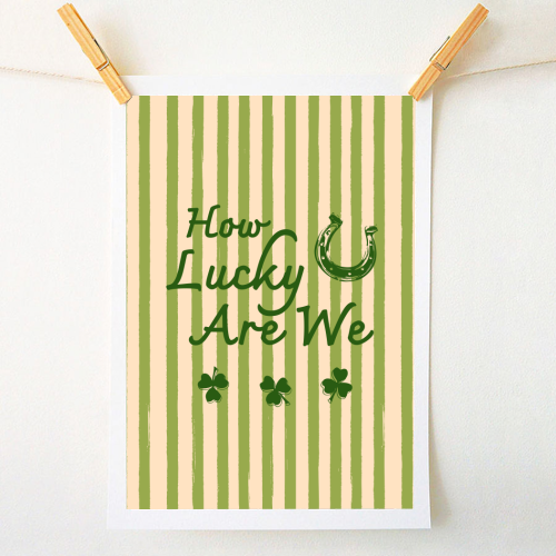 How Lucky We Are Horseshoe & Clover Green Stripe - A1 - A4 art print by EZbie