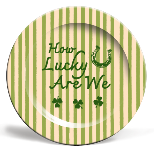 How Lucky We Are Horseshoe & Clover Green Stripe - ceramic dinner plate by EZbie