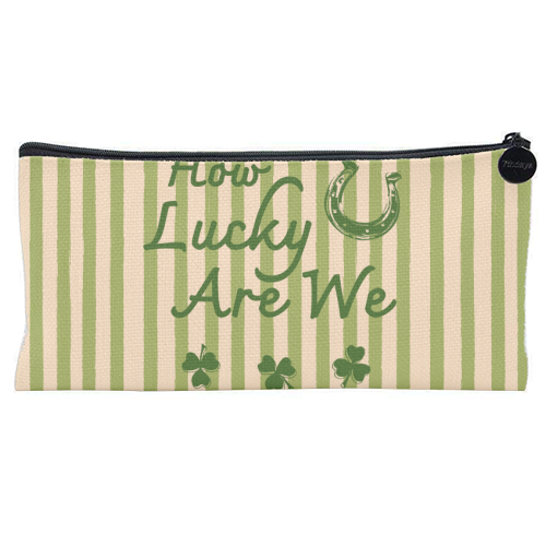 How Lucky We Are Horseshoe & Clover Green Stripe - flat pencil case by EZbie