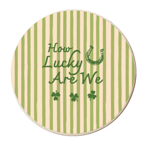 How Lucky We Are Horseshoe & Clover Green Stripe - personalised beer coaster by EZbie