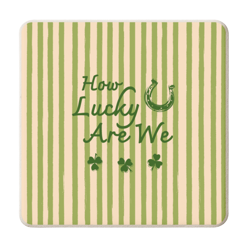 How Lucky We Are Horseshoe & Clover Green Stripe - personalised beer coaster by EZbie