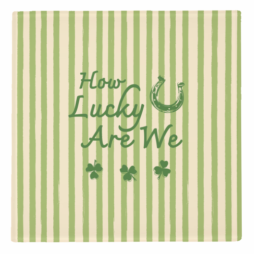 How Lucky We Are Horseshoe & Clover Green Stripe - personalised beer coaster by EZbie