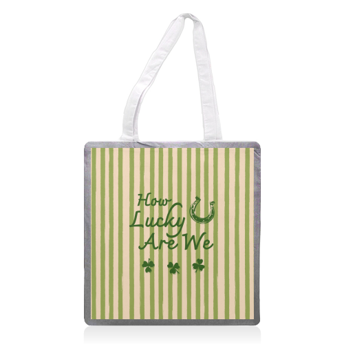 How Lucky We Are Horseshoe & Clover Green Stripe - printed canvas tote bag by EZbie