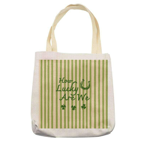 How Lucky We Are Horseshoe & Clover Green Stripe - printed canvas tote bag by EZbie