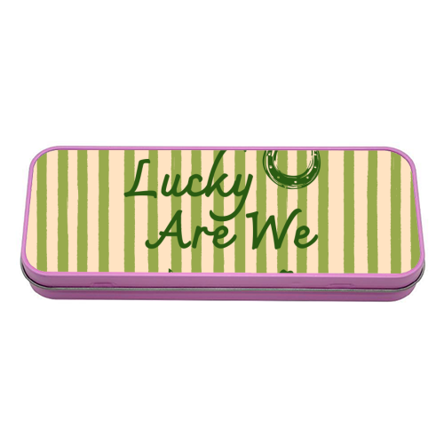 How Lucky We Are Horseshoe & Clover Green Stripe - tin pencil case by EZbie