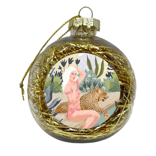 How to Train Your Leopard, Wild Cat Bohemian Woman Painting, Swimming Pool Bikini Summer Swim Animal - xmas bauble by Uma Prabhakar Gokhale