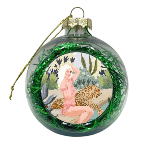 How to Train Your Leopard, Wild Cat Bohemian Woman Painting, Swimming Pool Bikini Summer Swim Animal - xmas bauble by Uma Prabhakar Gokhale