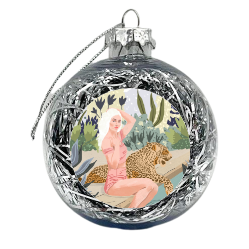 How to Train Your Leopard, Wild Cat Bohemian Woman Painting, Swimming Pool Bikini Summer Swim Animal - xmas bauble by Uma Prabhakar Gokhale